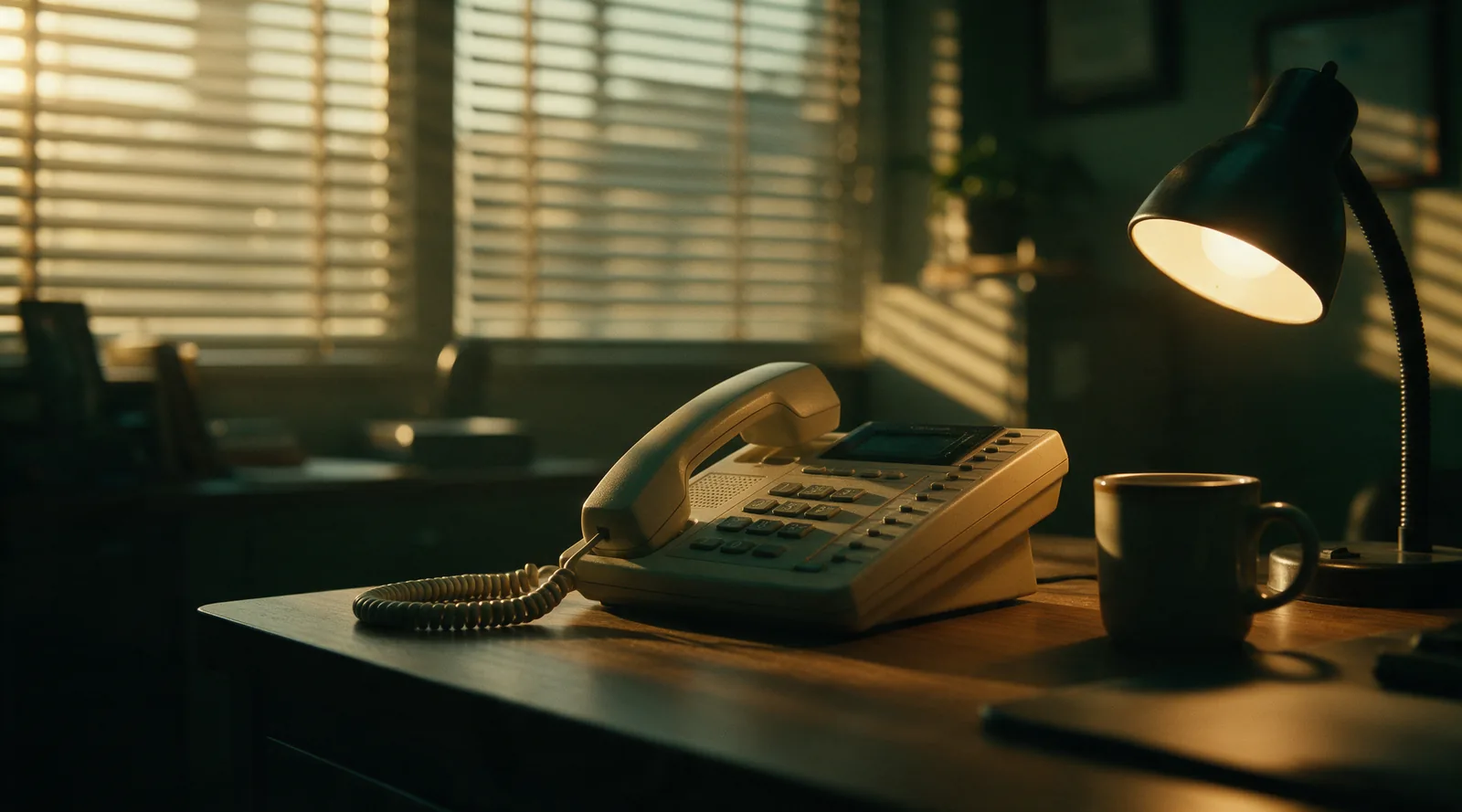 A desk phone with its handset set down beside the cradle, a mug and a lamp in late afternoon light