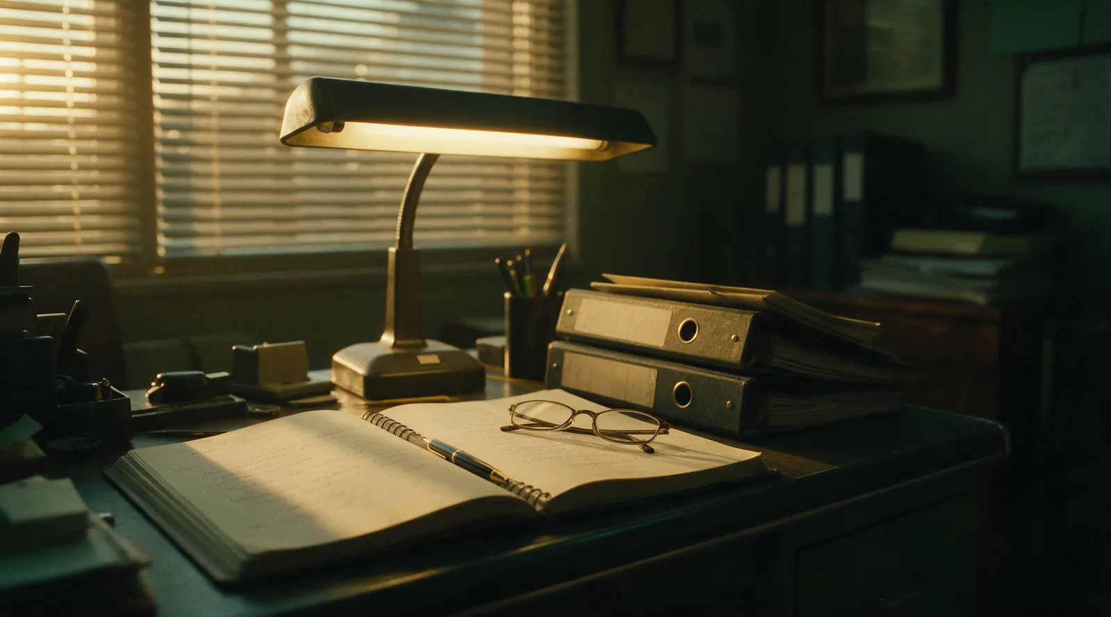 An open notebook with a pen and reading glasses under a desk lamp, binders behind
