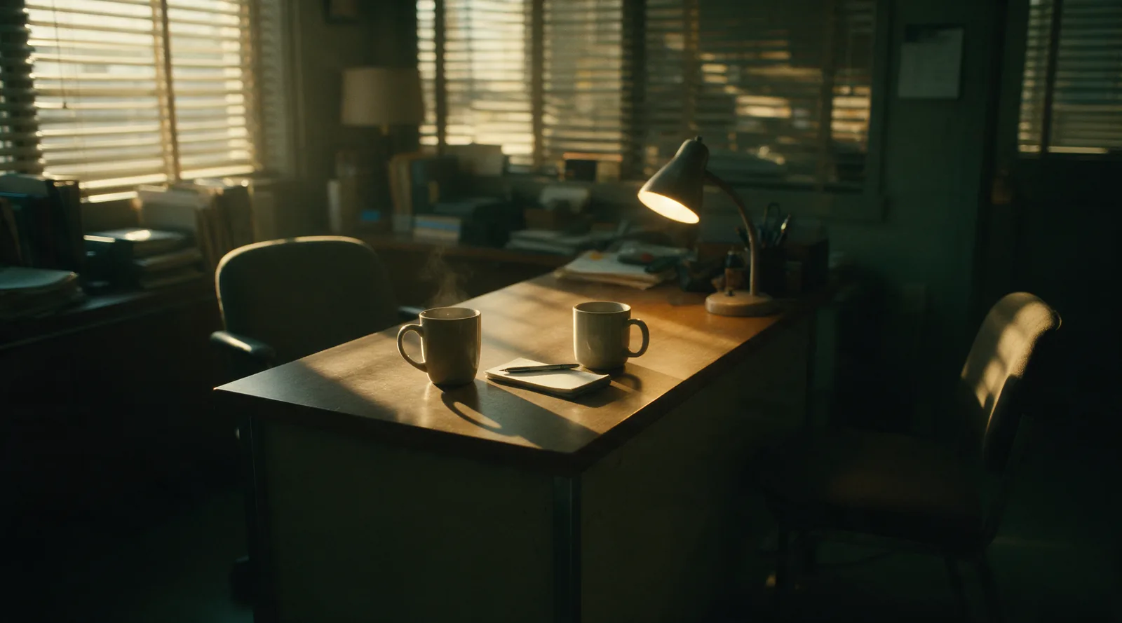 Two mugs and a notepad on the corner of a desk with an empty chair pulled up opposite