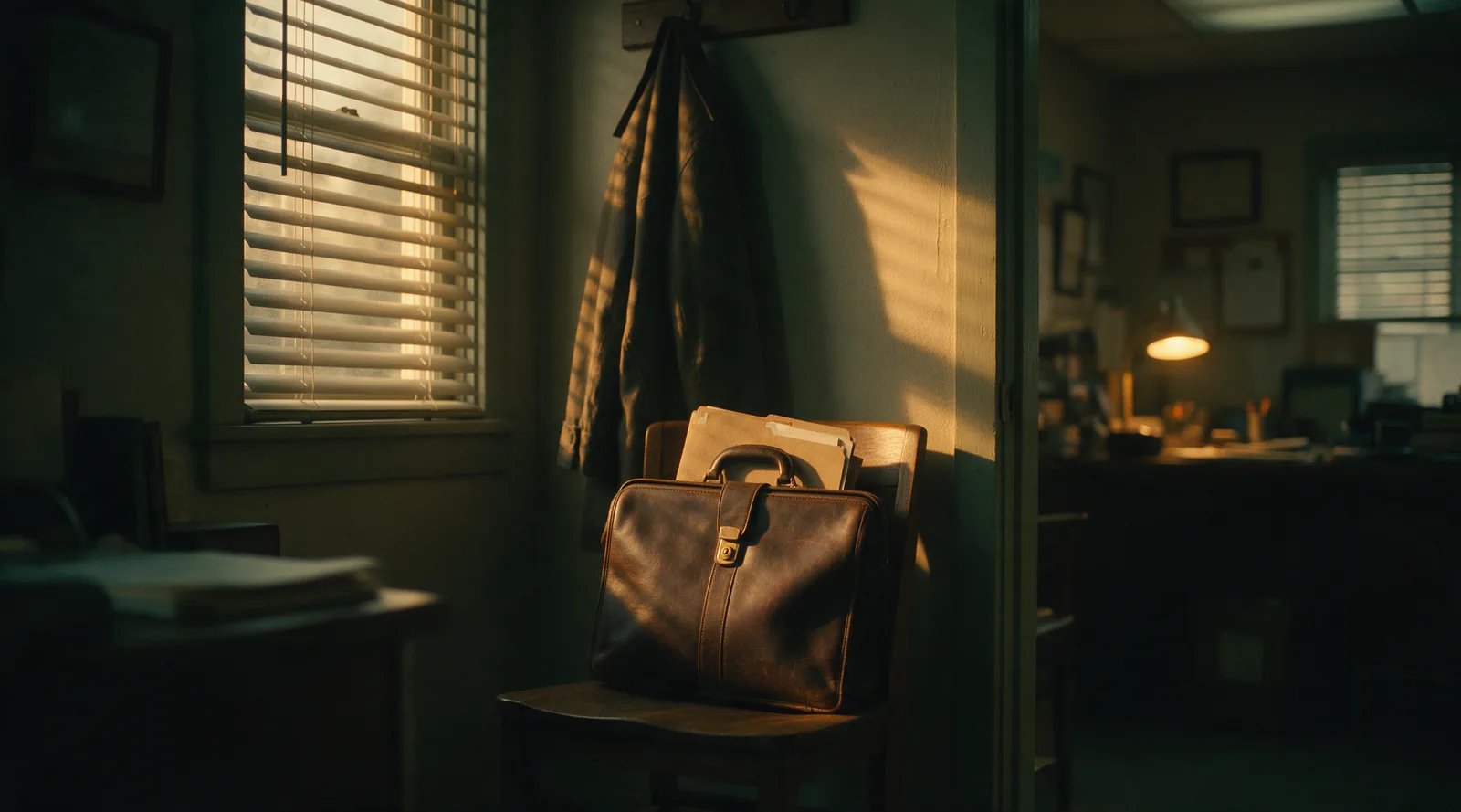 A leather bag on an office chair by the door with a folder tucked under its handle, ready to leave